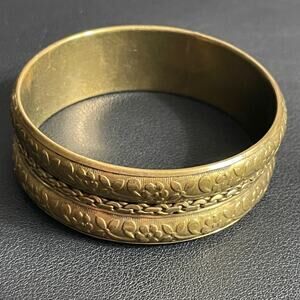 Vintage Brass‎ Embossed Floral & Chain Bangle Bracelet